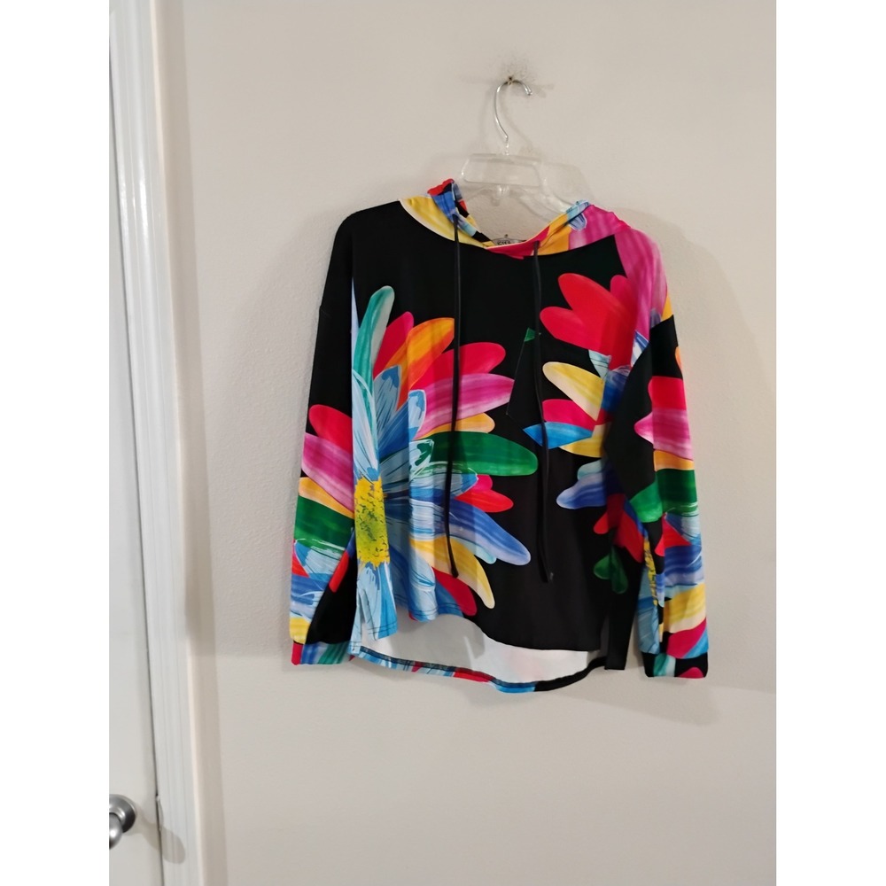 Lily by Firmiana Womens XL Floral Hoodie Black Multi Color Daisy Pullover Top
